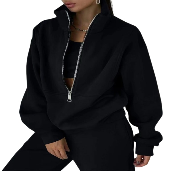 Dragkedja Hoodie för Kvinnor Sport- och Fritids-Hooded Tröja Set för Höst Vinter Jul Outfit Elegant black M
