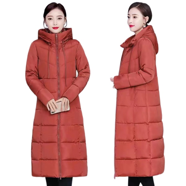 Vinterjacka med luva för kvinnor, lång över knä, varm tjock vadderad jacka, vadderad dunjacka i casual RED1 2XL