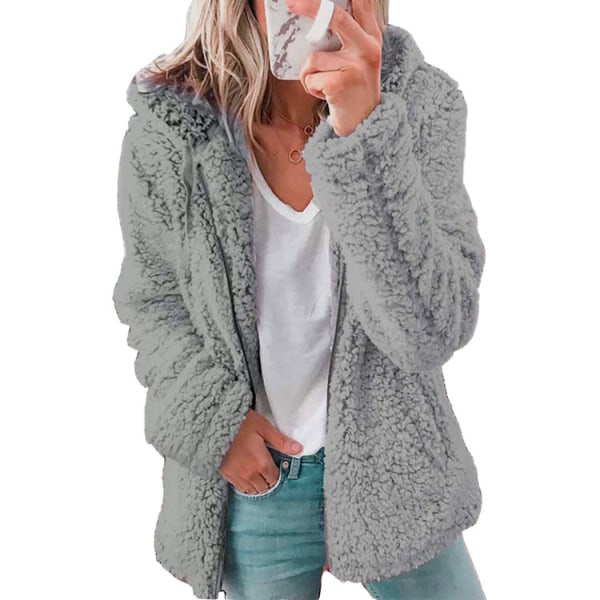 Dam Fleece Fluffig Huvtröja Långärmad Jacka Vinter Varm Teddybjörn Cardigan Light Gray XL