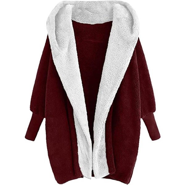 Dam Cardigan i Plysch med Färgblock, Mode, Dubbelsidig Sammet, Höst/Vinter, Huva, Lös Topp, Casual WINE L