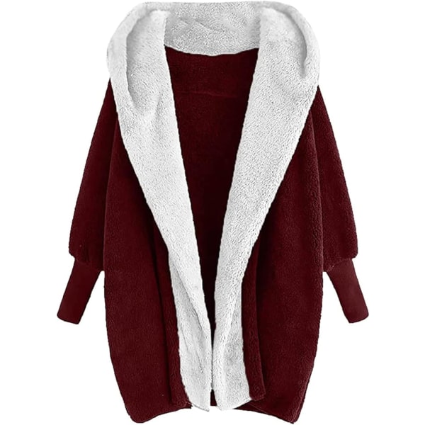 Dam Cardigan i Plysch med Färgblock, Mode, Dubbelsidig Sammet, Höst/Vinter, Huva, Lös Topp, Casual WINE M