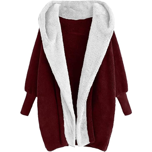 Plysch, färgblockad kofta för damer Mode dubbelsidig sammet Höst/vinter Hood Loose Top Casual WINE S