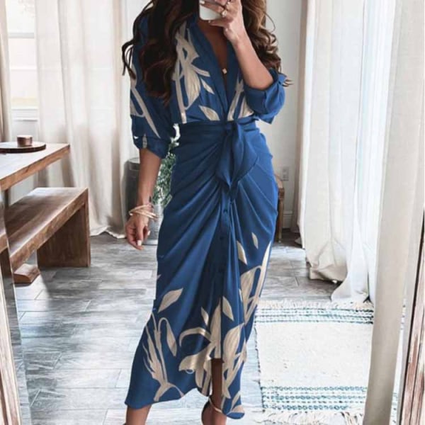 Damkläder Mode Sexigt print Plisserad oregelbunden spetsklänning blue-1 2XL