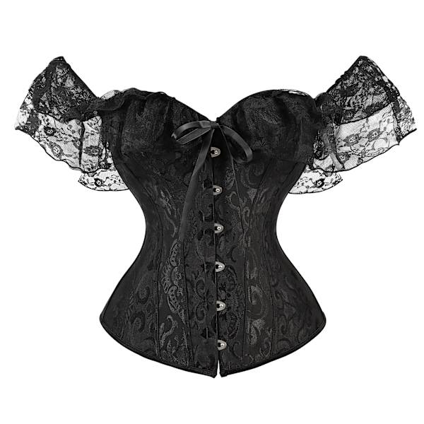 Dam Body med Kortärmad Jacquardspets, Maskerad Midjekorsett Topp, Sexig Bröllopskostym BLACK XXXL