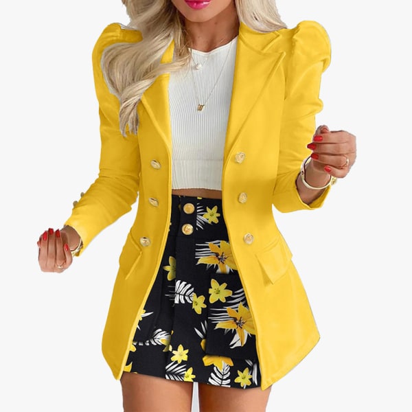 Damer med fickor kavaj och set Slim Fit formell kostymset långärmad tvådelad outfit Yellow M