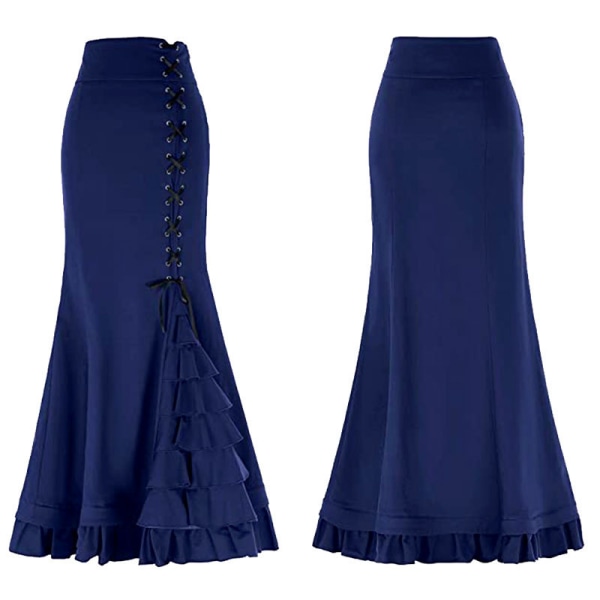 Plisserad midikjol dam gotisk punkkjol viktoriansk kjol med snörning Elastisk hög midja A-linje viktorianska Maxikjolar blue XXL