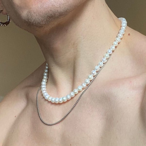 Modeimitation pärlor män Halsband Handgjorda klassiska rostfritt stål 3 45cm
