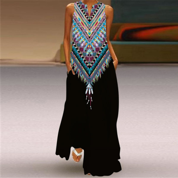 Maxikjol med vintage för kvinnor med V-ringad, off-shoulder, flerfärgad lång utsvängd sexig ärmlös klänning VLCQ-69 5XL
