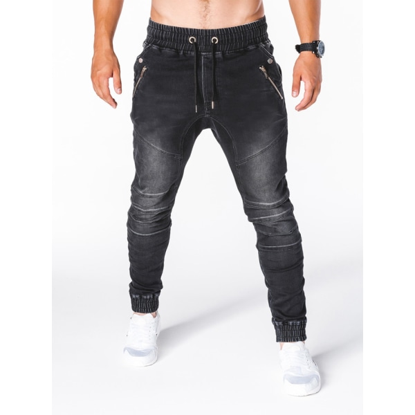 Män har ett bälte -bälte denim casual åtsittande sportbyxor bukett jeans black L
