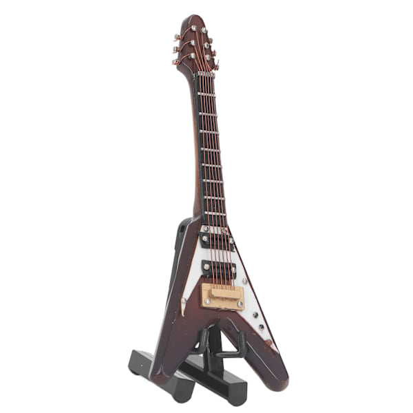 Miniatyr Elektrisk Gitarr i Trä för Dockhus Dekoration, 3.9 tum Mini Musikinstrument med Stativ, Perfekt för Heminredning eller Present