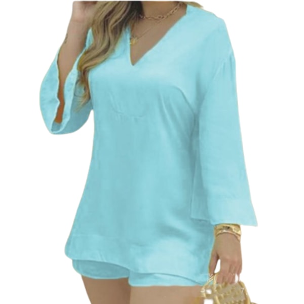 Kvinnors Bell Sleeve V-ringad topp och shorts Set gul L