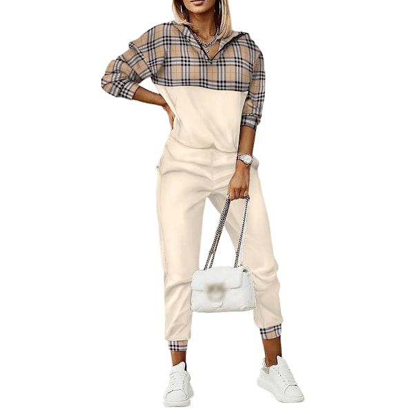 Kostym för kvinnor, flerfärgad tryckt långärmad byxdress med huva, smal, elegant, pendlar-kostym KHAKI1 L