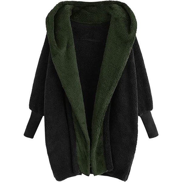 Dam Cardigan i Plysch med Färgblock, Mode, Dubbelsidig Sammet, Höst/Vinter, Huva, Lös Topp, Casual BLACK L