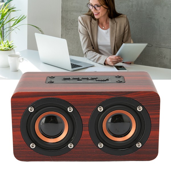 Portabel Retro Bluetooth-högtalare med inbyggd mikrofon, trådlös högtalare med minneskort, USB & AUX-ingång, MP3-stöd, röd träimitation
