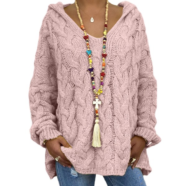 Huvtröja i Twist-Stickad, Solid Färg för Kvinnor, Höst/Vinter Mode, V-ringad, Lös, Casual, Tunn pink XL