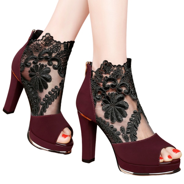 Chunky mode damer, högklackade sandaler för damer, högklackade sandaler, damskor WINE-RED 39