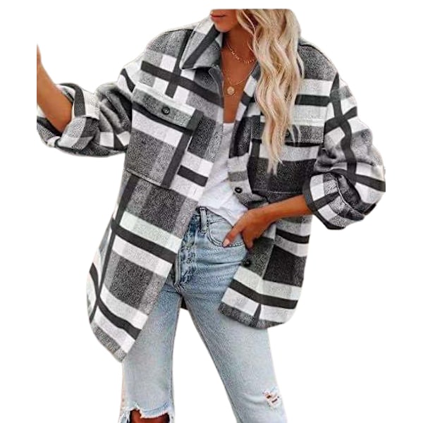 Kvinnors Klassiska Rutiga Knappskjortor Långärmad Flanell Kragejacka Höst och Vinter Casual Lös Ull Cardigan Kavaj GREY XS