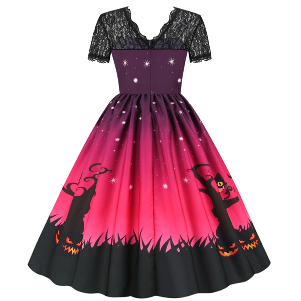 Kvinnors Halloween Spets Temperament Casual Kortärmad Slim Positionering Printed Swing Party Klänningar black XL