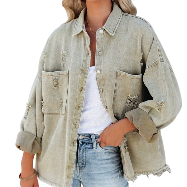 Cowboy-inspirerad jacka i skjortstil för kvinnor med omvänd krage, lång ärm, vintage street fashion, råa kanter, slitna ribbade knappar GREEN S
