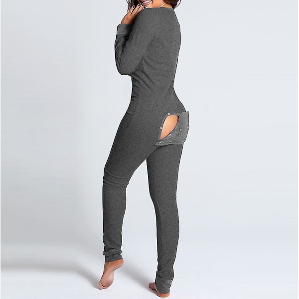 Butt Flap Underkläder Jumpsuit Dam Onesie Pyjamas Rygg Button-down Bodycon Nattkläder Vuxna Onesies Combinaison Pyjamas Femme Grey S