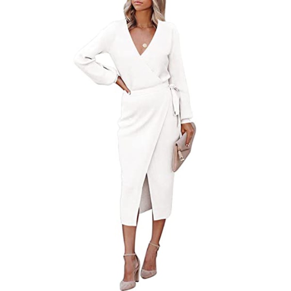 Dammode lång kjol Elegant temperament Sexig V-ringad stickad klänning white XL