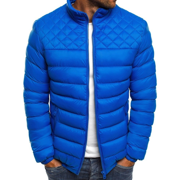 Herrar Ståkrags Solid Färg Romb Mönster Bomull Enkel Mode Slank Jacka Höst och Vinter Casual Topp BLUE1 XL