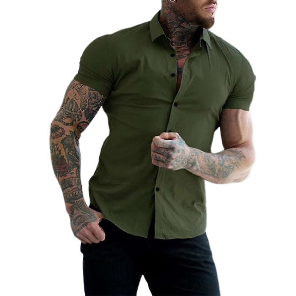 Damskjortor med enkel passform för män med kort ärm, fritidsskjortor med casual knappar Army Green M