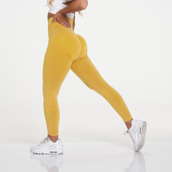 Spräckliga sömlösa Leggings Kvinnor Mjuka träningstights Fitness Outfits Yogabyxor Gymkläder med hög midja Bright Yellow S