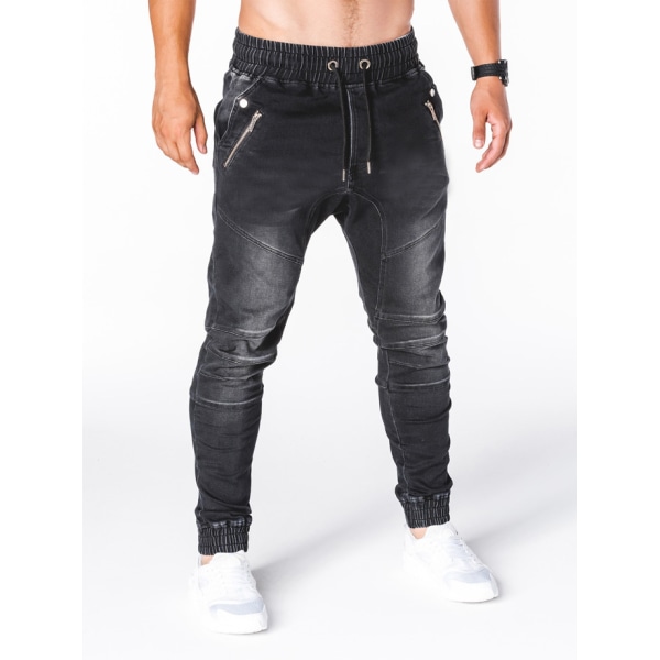 Män har ett bälte -bälte denim casual åtsittande sportbyxor bukett jeans black XXL