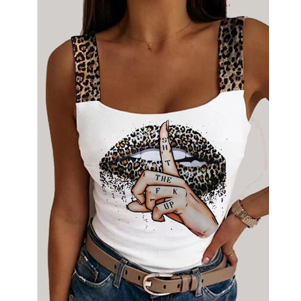 Sexig Dam T-shirt Leopard Läppar Tryckt Ärmlös Kort Blus Mode Fest Klubb Sommar Ärmlös Streetwear Korsett Toppar WHITE XXXL