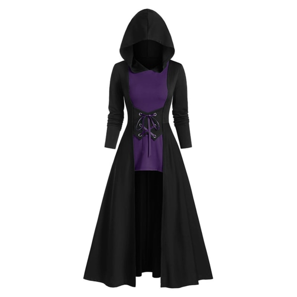 Medeltida kappa huvklänning för kvinnor renässans gotisk hög låg vintage långärmad Steampunk hoodie klänningar purple XL