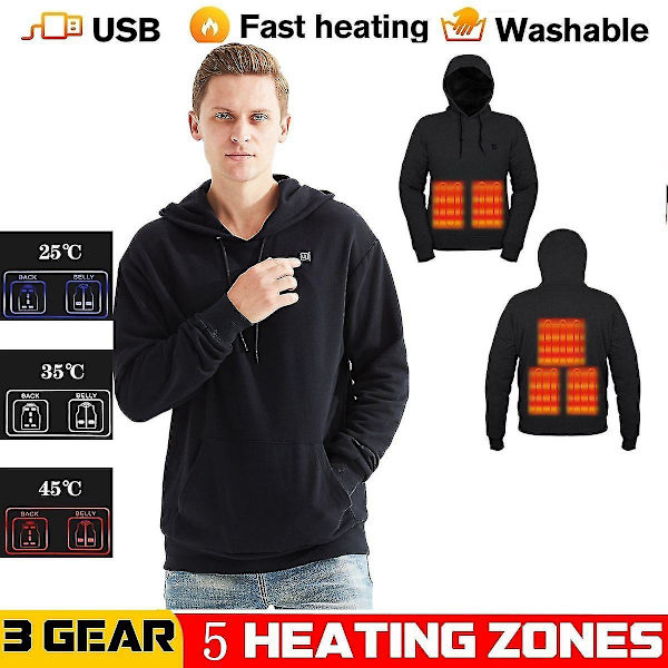 Uppvärmda Hoodies, USB Elektrisk Uppvärmning Lättvikts Hooded Tröjor Jacka Black XXXL