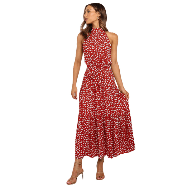 Maxikjol för kvinnor Elegant Halterneck Plisserad Polka-dot Print Tie-up Off-the-shoulder Långklänning wine-red S