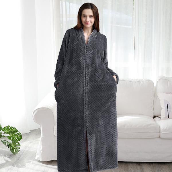 Dragkedja Badrocka för Kvinnor Flanell Fleece Robar Vinter Varm Hemrock Nattklänning Grey M