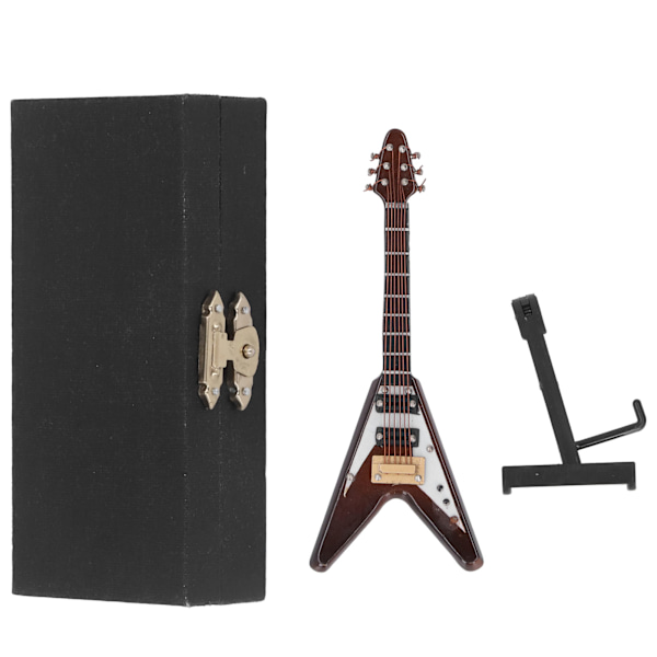 Miniatyr Elektrisk Gitarr i Trä för Dockhus Dekoration, 3.9 tum Mini Musikinstrument med Stativ, Perfekt för Heminredning eller Present
