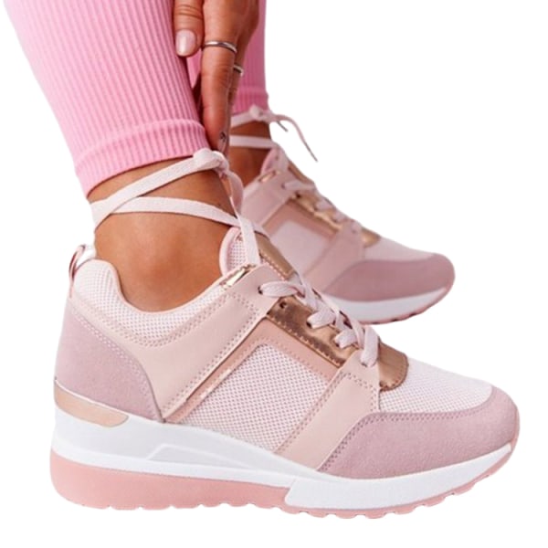 Fritidsskor för kvinnor Plattform Casual Sneakers i mesh med snörning pink 37