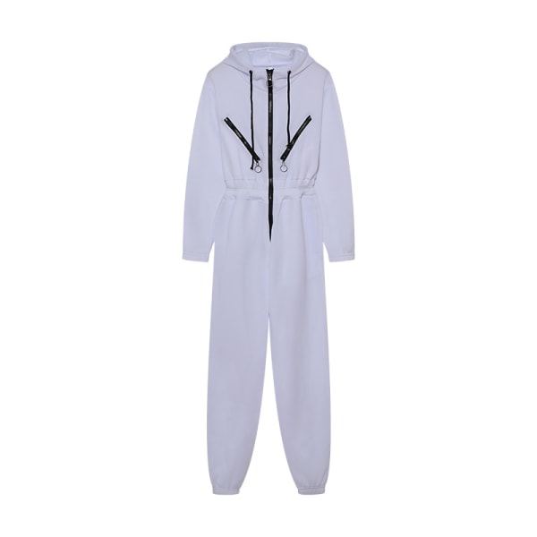 Damsport Casual Jumpsuit med dragkedja Mode Hooded Dragsko Jumpsuit Elastisk midja Lösa Leggings white M