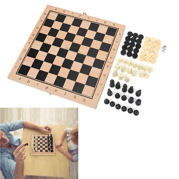 Träbräde för schack, dam och backgammon 3-i-1, vikbart, 24 x 24 cm / 9,4 x 9,4 tum, bärbar interaktivt spelset