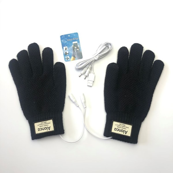 Elektriskt Uppvärmda Vantar USB Laddningsbara Stickade Varma Termiska Vantar Män Kvinnor Black
