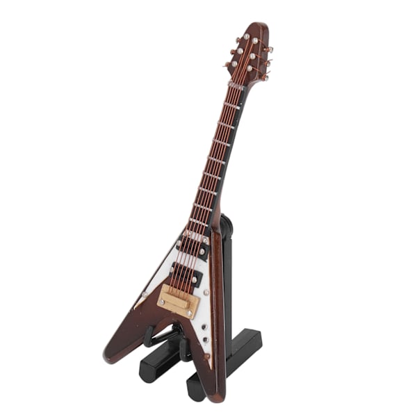Miniatyr Elektrisk Gitarr i Trä för Dockhus Dekoration, 3.9 tum Mini Musikinstrument med Stativ, Perfekt för Heminredning eller Present