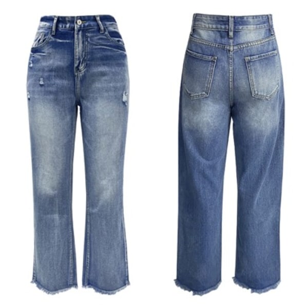 Kvinnors vår och höst nytt mode temperament mikroutsvängda byxor trend slitna tvättade jeans med vida ben blue M