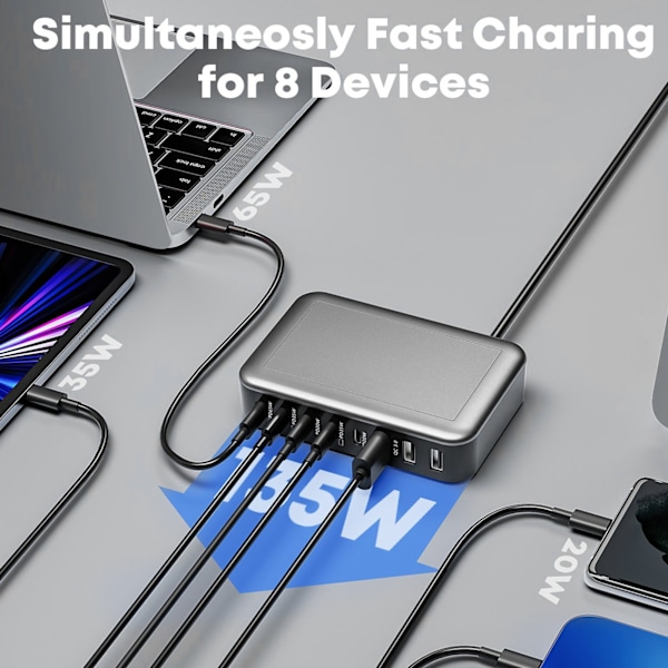 8-Port USB C Laddningsstation 235W PD65W Snabb Bordsladdare för MacBook 100-240V Multi-Port USB-laddare