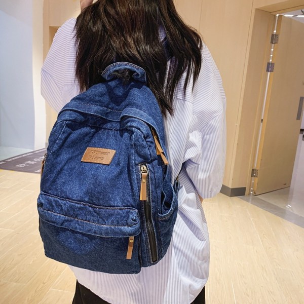 Skolväska högstadieelever hög kapacitet ryggsäck denim trend matchande ryggsäck resväska BLUE