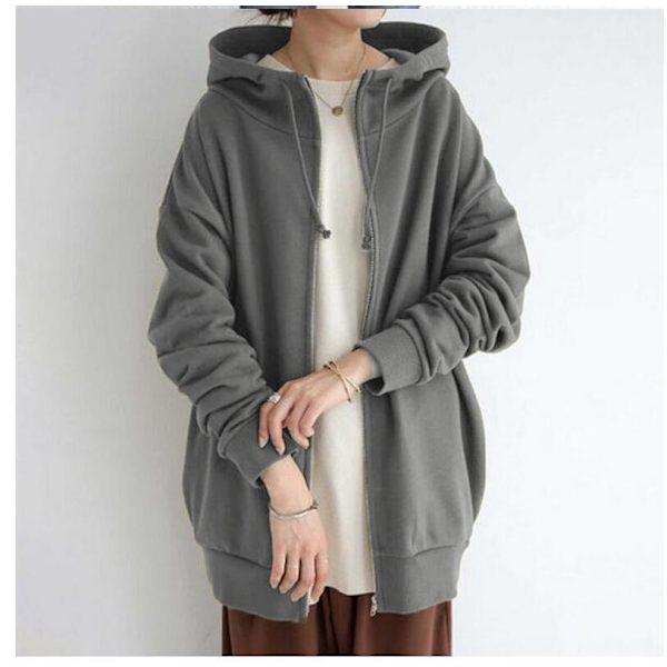 Dam Hoodie Tunika Vinter Varm Fleecejacka Casual Oversize Sweatshirt Kavaj Dragkedja Upp Hoodie Med Fickor Grey M