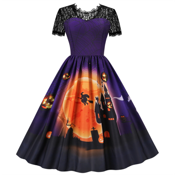 Kvinnors Halloween Spets Temperament Casual Kortärmad Slim Positionering Printed Swing Party Klänningar purple S