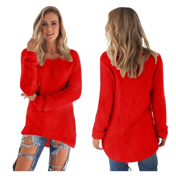 Dam Plus Size Långärmad Tröja Fluffiga Toppar Rundhalsad Lounge Skjortor Pullover Tunika Enfärgade Toppar O-Hals Blus Tröjor red 3XL