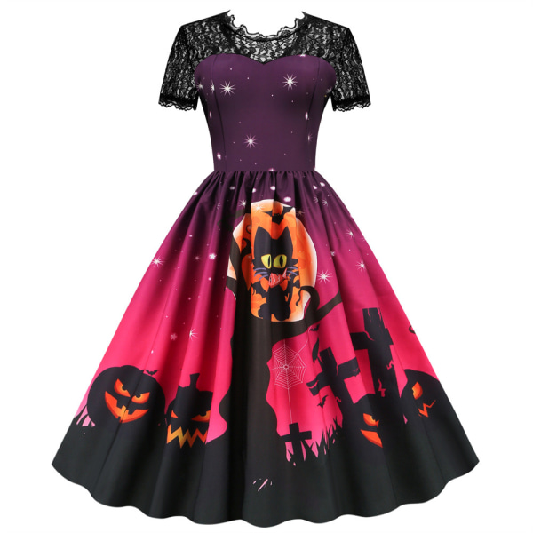 Kvinnors Halloween Spets Temperament Casual Kortärmad Slim Positionering Printed Swing Party Klänningar rose XXXL