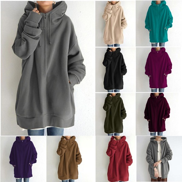 Dam Hoodie Tunika Vinter Varm Fleecejacka Casual Oversize Sweatshirt Kavaj Dragkedja Upp Hoodie Med Fickor Dark-Purple S