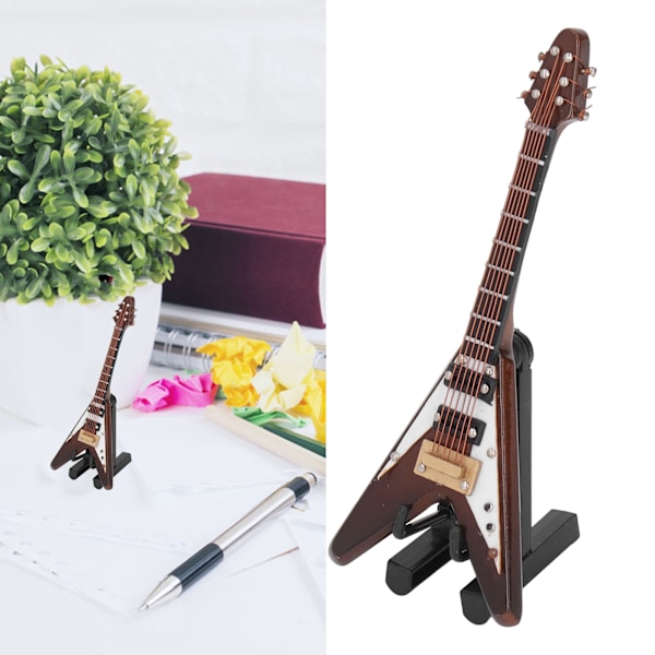 Miniatyr Elektrisk Gitarr i Trä för Dockhus Dekoration, 3.9 tum Mini Musikinstrument med Stativ, Perfekt för Heminredning eller Present