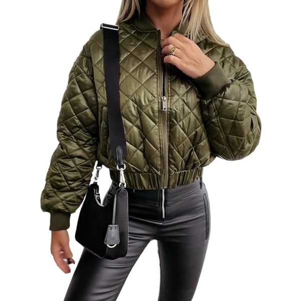 Kvinnor Quiltad Bomberjacka Enfärgad Crew Neck Zip Up Cropped Shacket Coat Vinterbaseballrock Ytterkläder green XL